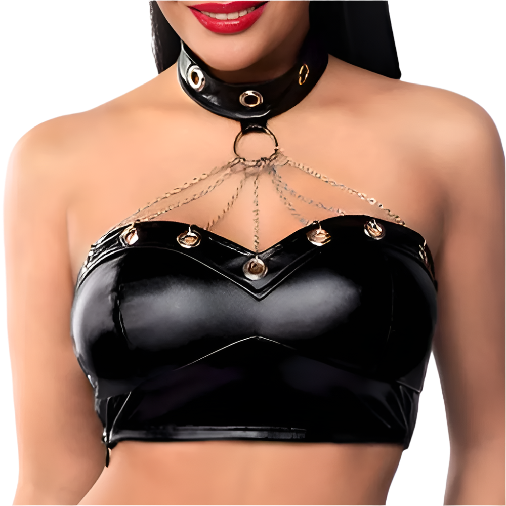 Black latex top with gold accents worn by a model on a white background