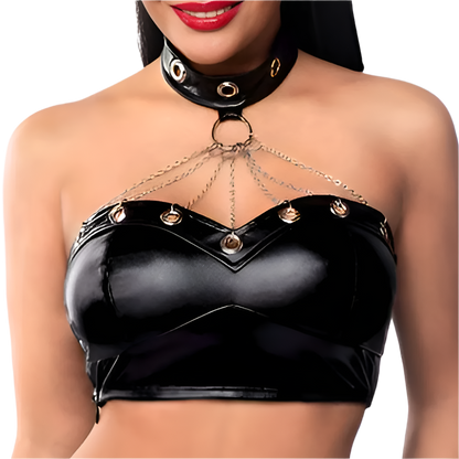 Black latex top with gold accents worn by a model on a white background