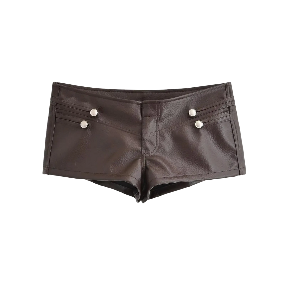 Dark brown faux leather shorts with silver-tone decorative buttons on the front, displayed flat against a solid white background.