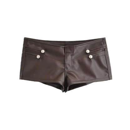 Dark brown faux leather shorts with silver-tone decorative buttons on the front, displayed flat against a solid white background.
