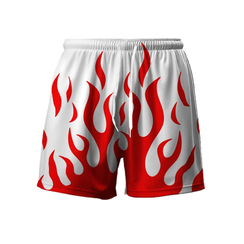 White shorts with red flame patterns on a dark background