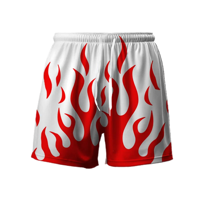 White shorts with red flame patterns on a dark background