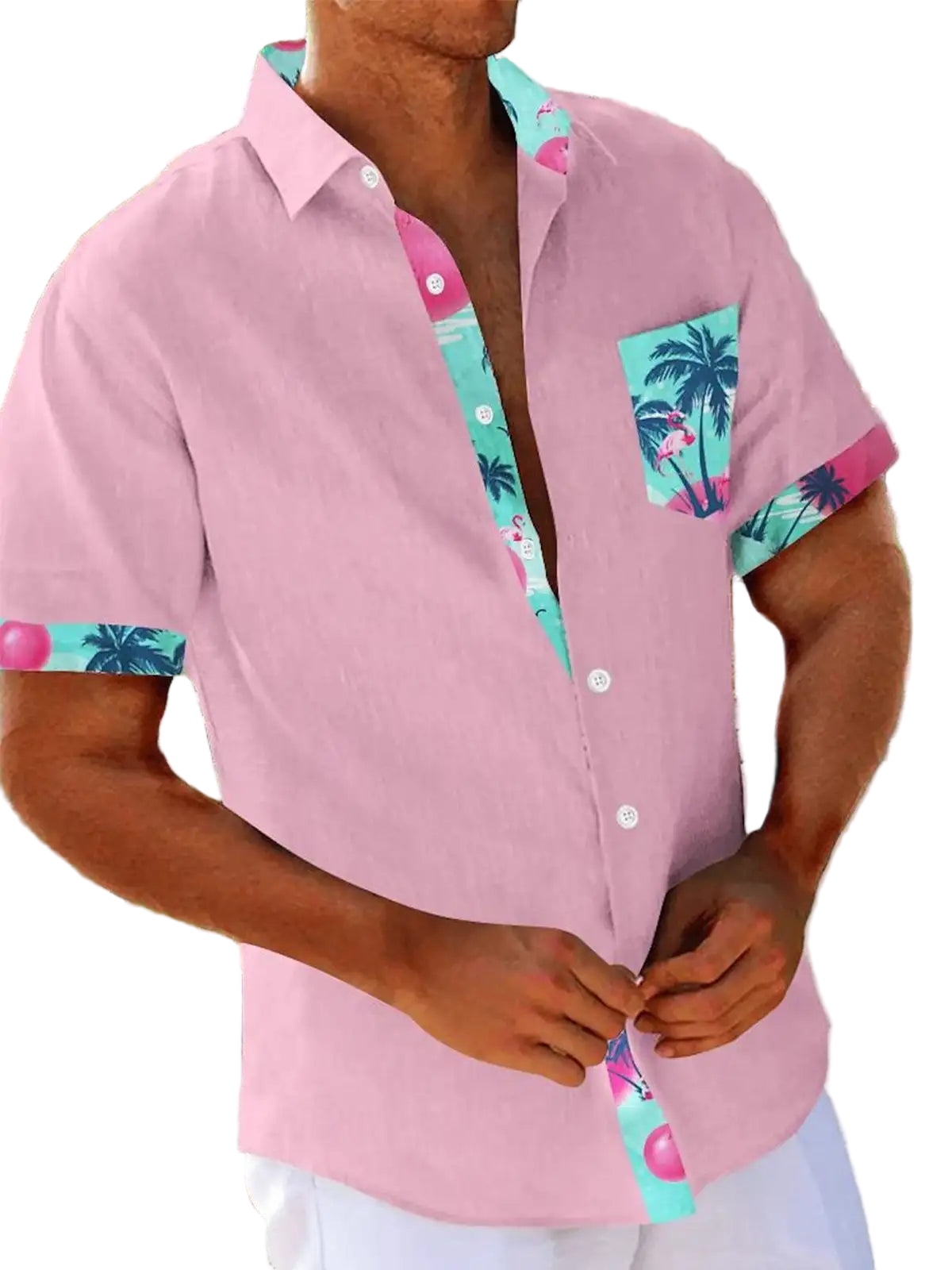 Person wearing a pink shirt with colorful collar and pocket design outdoors.
