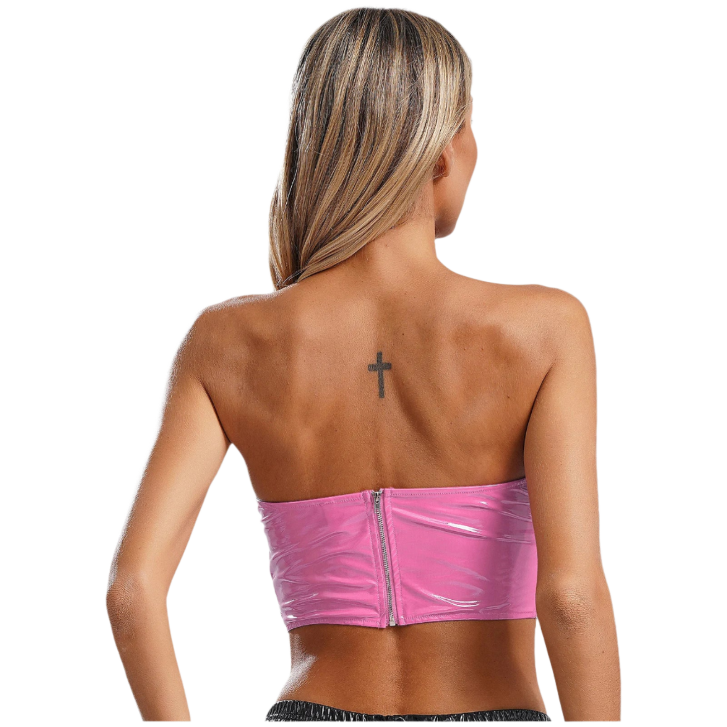 Patent Leather Crop Bra Top | Pink Hollow Out Style