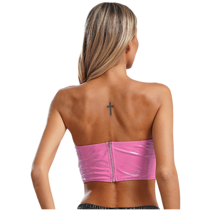 Patent Leather Crop Bra Top | Pink Hollow Out Style