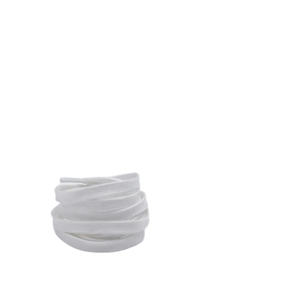 White shoelaces with a glowing green logo on a black background