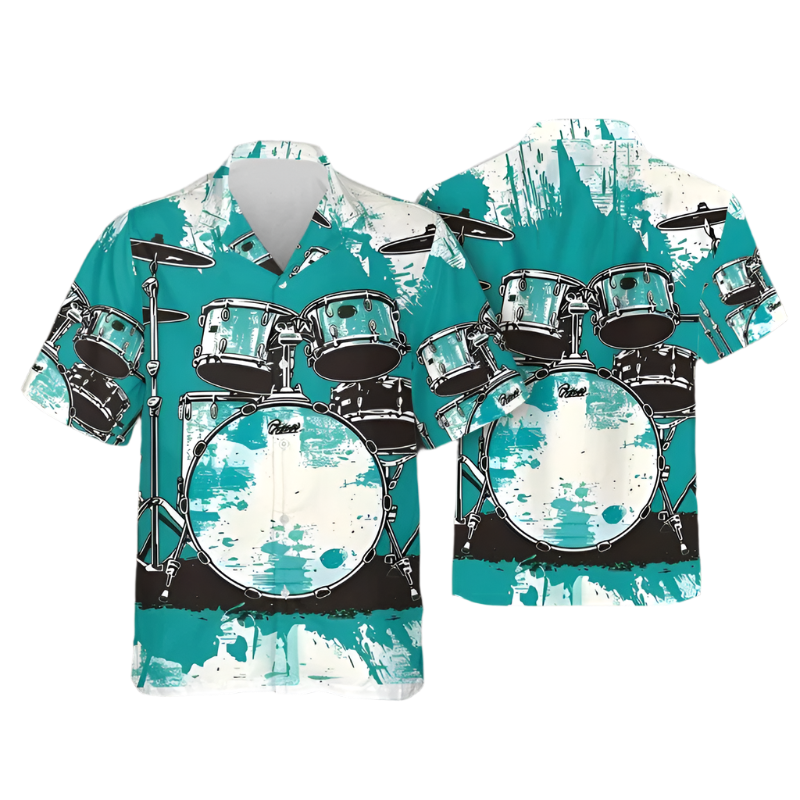 Hawaiian shirt with drum set design on a blurred natural background