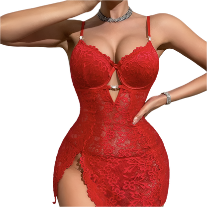 Red lace dress worn by a model against a neutral background