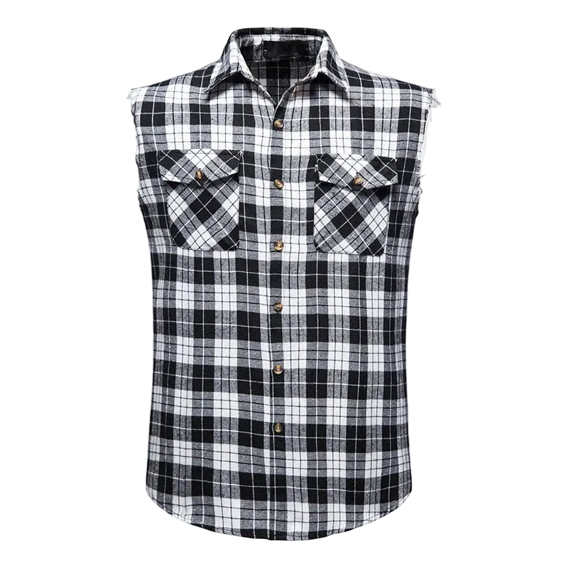 A sleeveless plaid button-up shirt in black, white, and gray, featuring two chest pockets with button flaps and a pointed collar. 