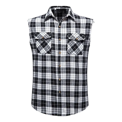 A sleeveless plaid button-up shirt in black, white, and gray, featuring two chest pockets with button flaps and a pointed collar. 
