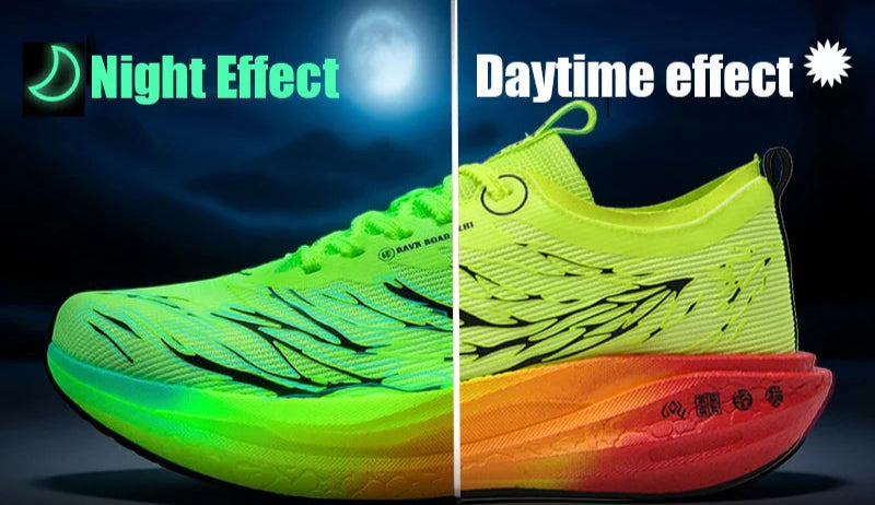 Neon green running shoe with night and daytime effect comparison on a dark background.