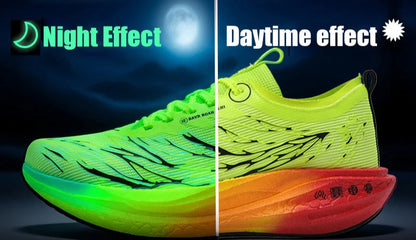 Neon green running shoe with night and daytime effect comparison on a dark background.