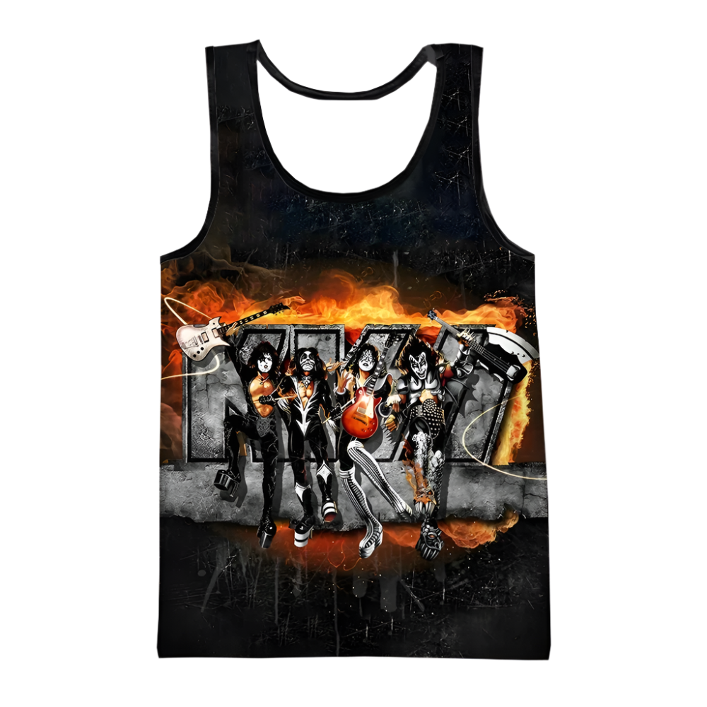 Tank top with a graphic design of a band on fire-themed background