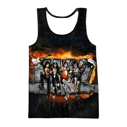 Tank top with a graphic design of a band on fire-themed background