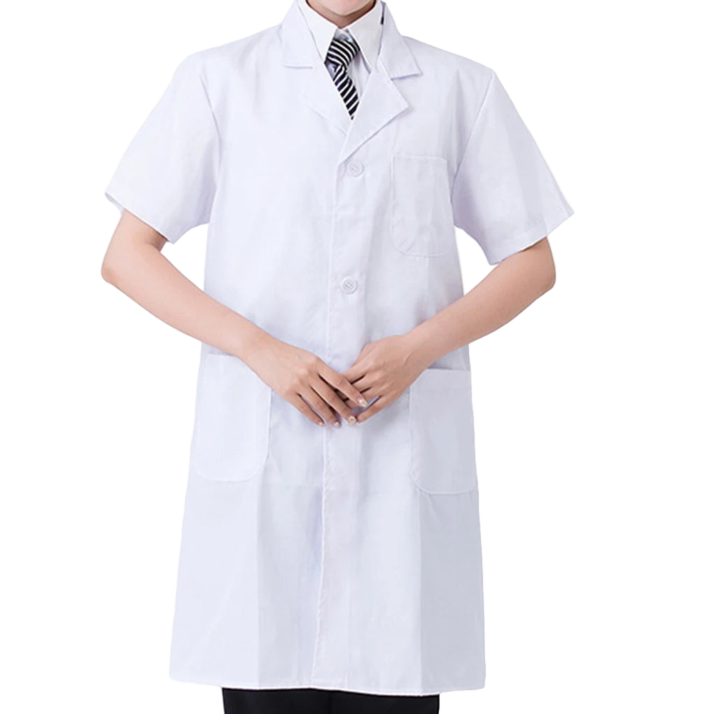 White lab coat worn by a person on a white background