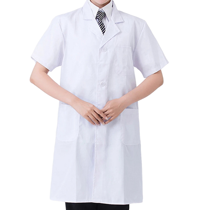 White lab coat worn by a person on a white background