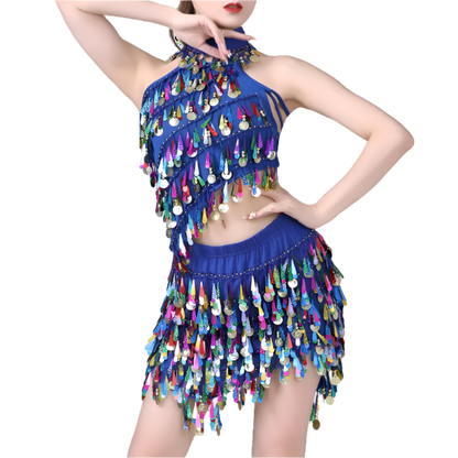  sequin coin tassel Latin dance set with fringe top and skirt for professional resort performances