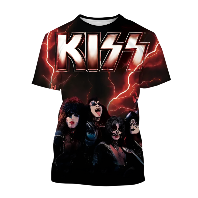 T-shirt with KISS band members and logo on a white background