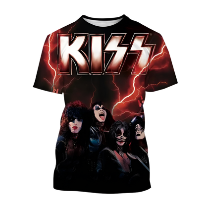 T-shirt with KISS band members and logo on a white background