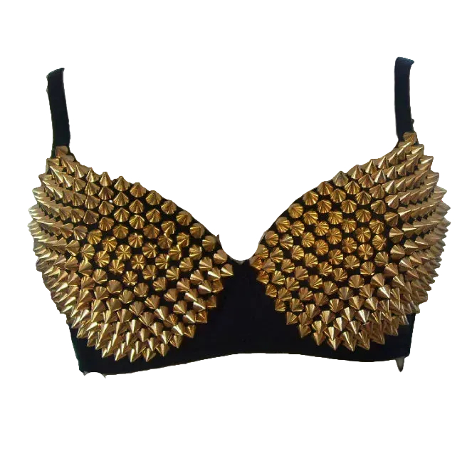 A black underwire bra with voluminous gold spiked wing-like embellishments on the cups, displayed on a beige dress form mannequin.