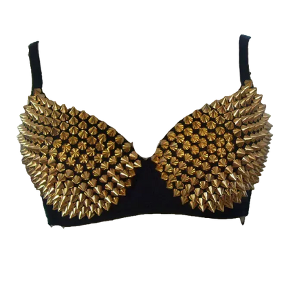 A black underwire bra with voluminous gold spiked wing-like embellishments on the cups, displayed on a beige dress form mannequin.