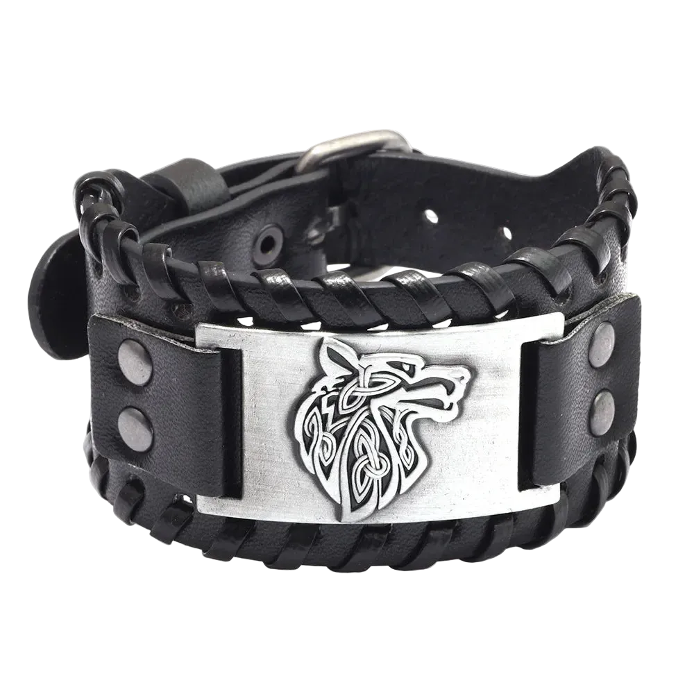 Black leather bracelet with metal wolf emblem on a white background