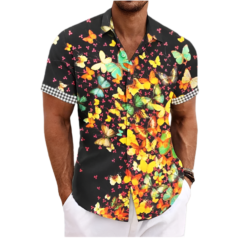 colorful butterflies print shirt with florals graphic Y2K lapel design for Animal Instincts theme night resort wear