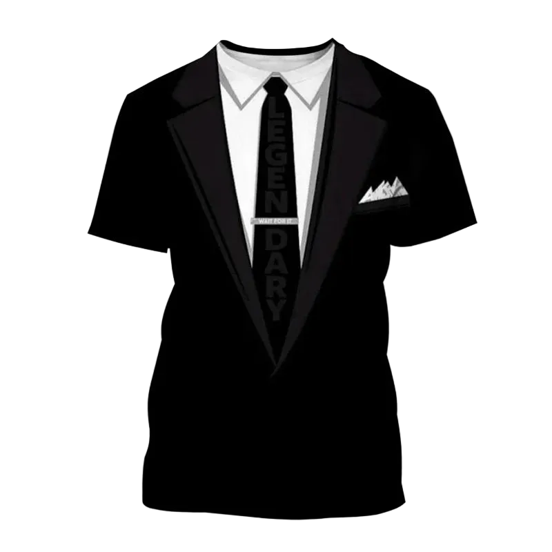 A black short-sleeve t-shirt with a graphic print of a tuxedo jacket, white dress shirt, black tie, and a white pocket square. The tie features the word 'LEGENDARY' printed vertically.