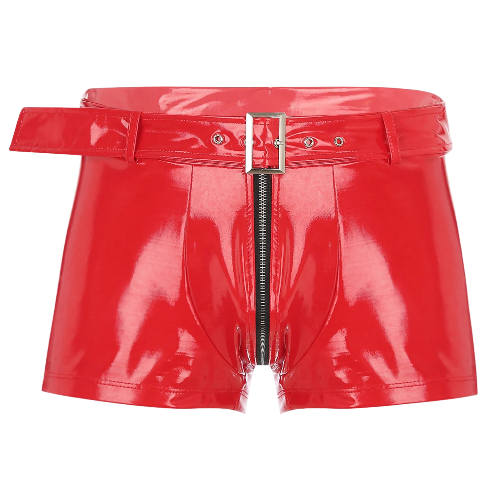 Red vinyl shorts with a belt and zipper on a white background