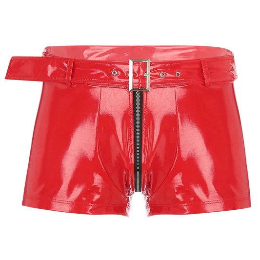 Red vinyl shorts with a belt and zipper on a white background