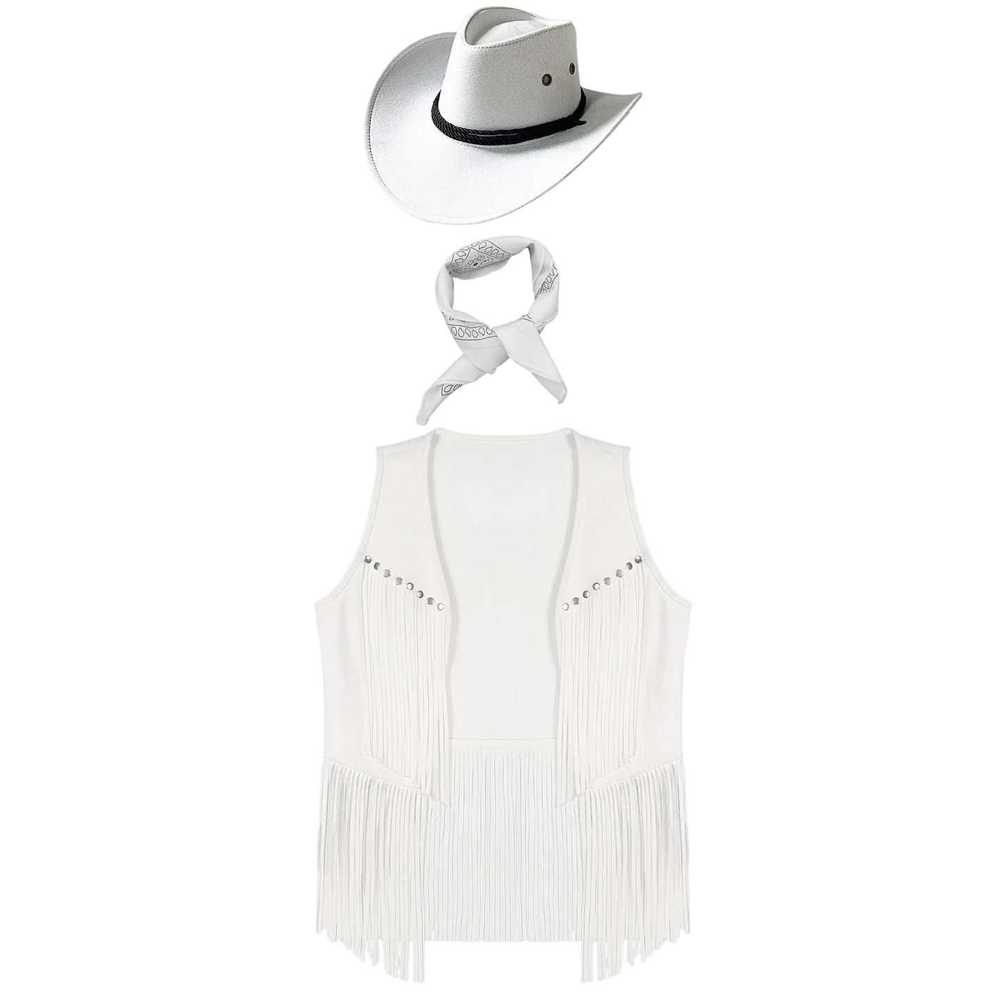 A white western costume set featuring a fringed sleeveless vest, a matching fringed necktie, and a white cowboy hat with a black band, displayed on a solid white background.