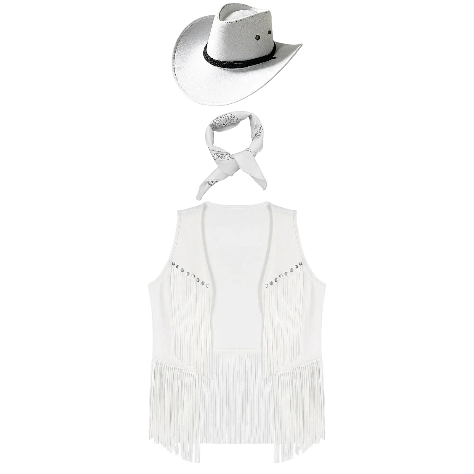 A white western costume set featuring a fringed sleeveless vest, a matching fringed necktie, and a white cowboy hat with a black band, displayed on a solid white background.