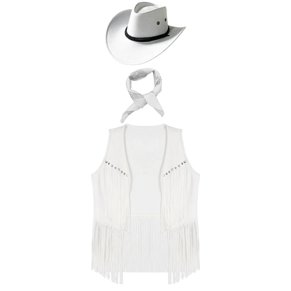 A white western costume set featuring a fringed sleeveless vest, a matching fringed necktie, and a white cowboy hat with a black band, displayed on a solid white background.