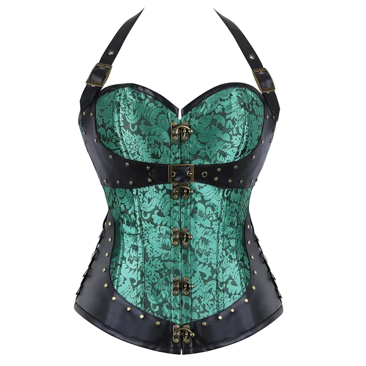 A structured corset top with a teal and black damask pattern, black faux-leather trim, and antique bronze-tone metal hardware, shown against a plain white background.