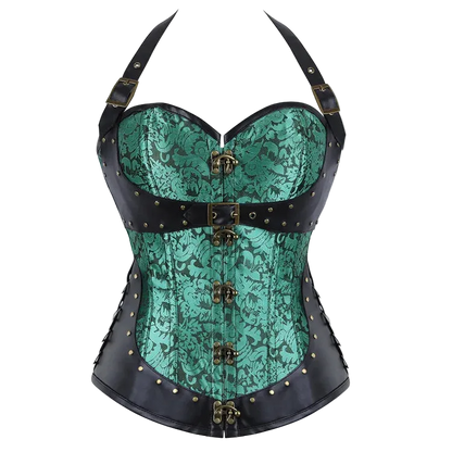 A structured corset top with a teal and black damask pattern, black faux-leather trim, and antique bronze-tone metal hardware, shown against a plain white background.