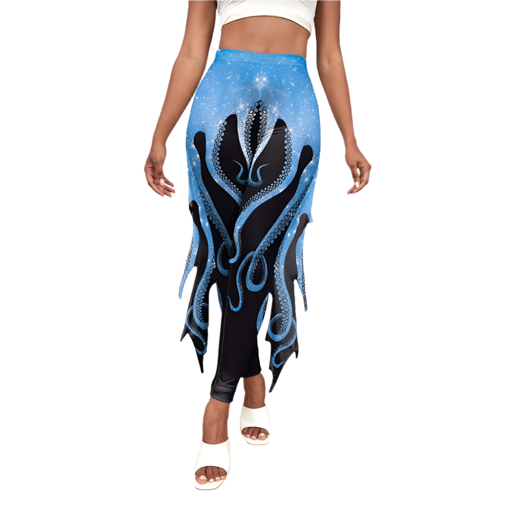 Shimmering fish scale mermaid leggings with octopus print and decorative fins for resort cosplay wear