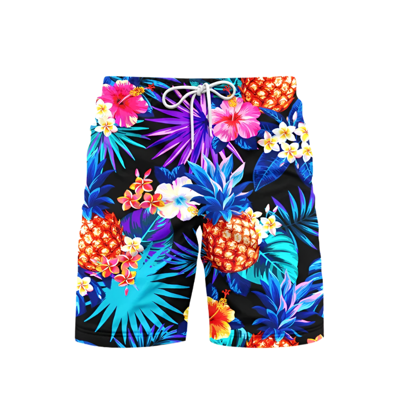 3D Pineapple Print Swim Trunks for luxury adult resorts, featuring vibrant tropical pattern on premium board shorts