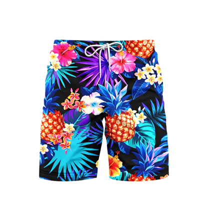 3D Pineapple Print Swim Trunks for luxury adult resorts, featuring vibrant tropical pattern on premium board shorts