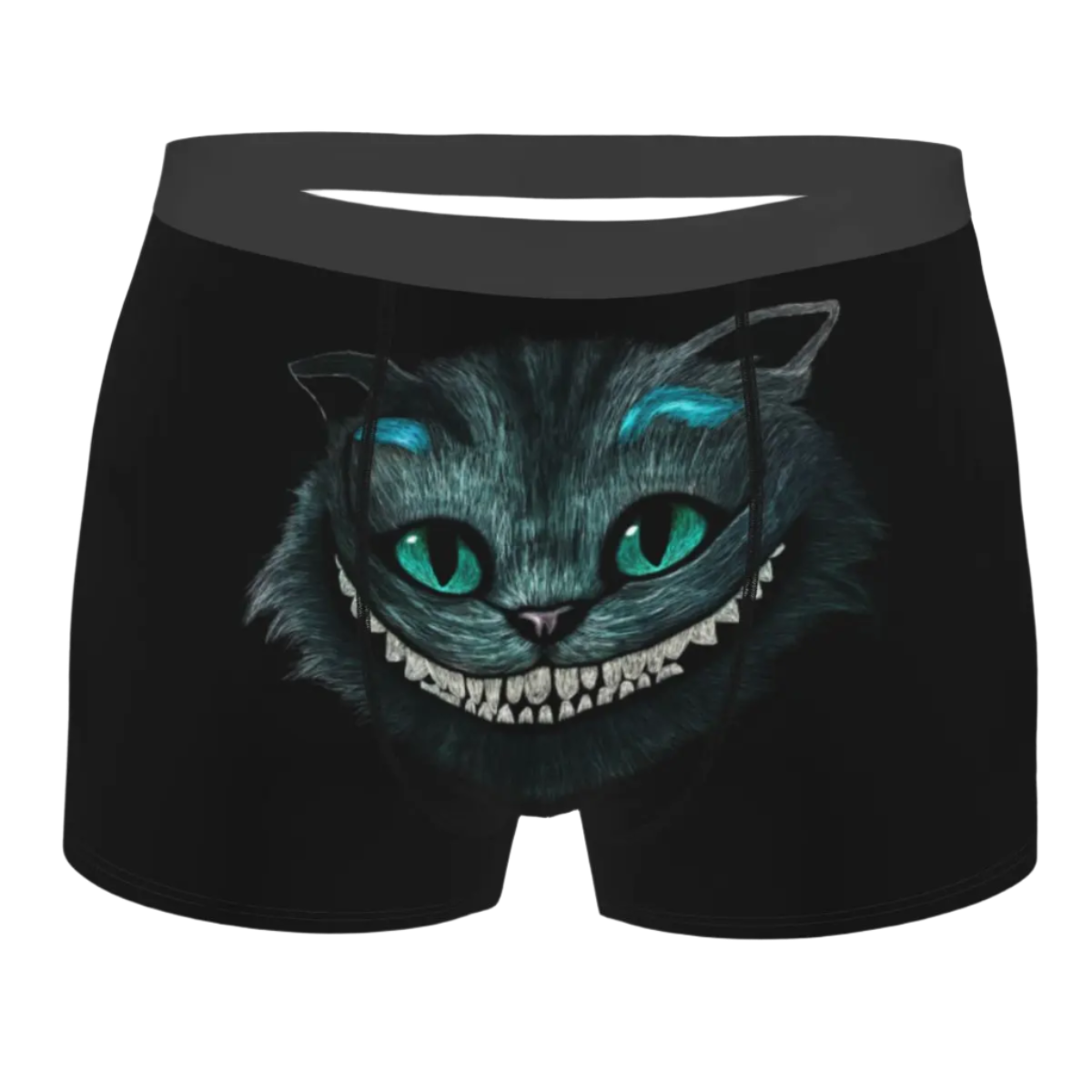 boxer shorts featuring the Cheshire Cat design from Alice in Wonderland, with glowing turquoise eyes and distinctive grinning teeth illuminated against a dark background.