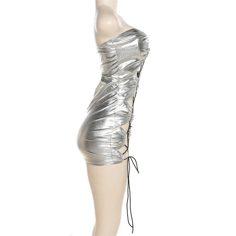 Sexy Night Club Party Bodycon Mini Dresses Women Y2K Metallic Sliver Hollow Out Lace Up Strapless Off Shoulder Bandage Dress