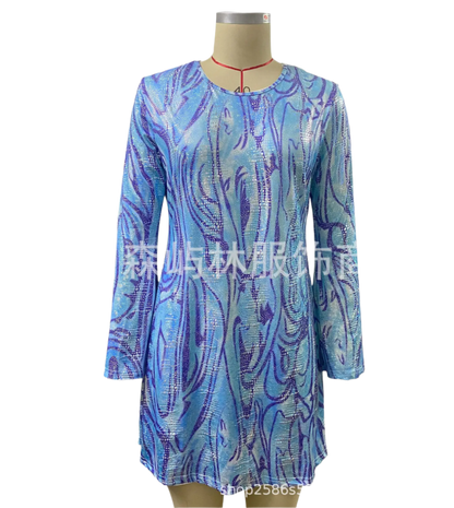 Disco Dress: A shimmering iridescent dress with long sleeves and a tie detail, perfect for a disco-themed party, paired with oversized sunglasses.

