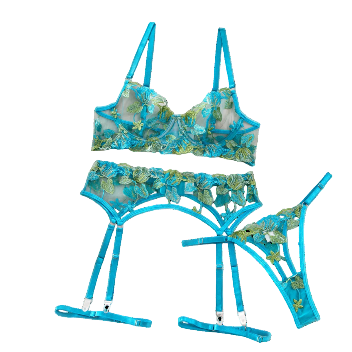 Blue floral lingerie set on a white surface with flowers and a box in the background