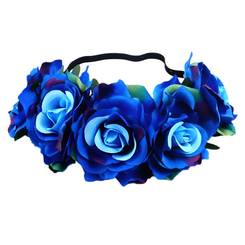 A floral headband featuring large, vibrant roses. The design is bold and romantic, perfect for a bohemian or festival look.