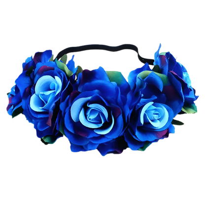 A floral headband featuring large, vibrant roses. The design is bold and romantic, perfect for a bohemian or festival look.