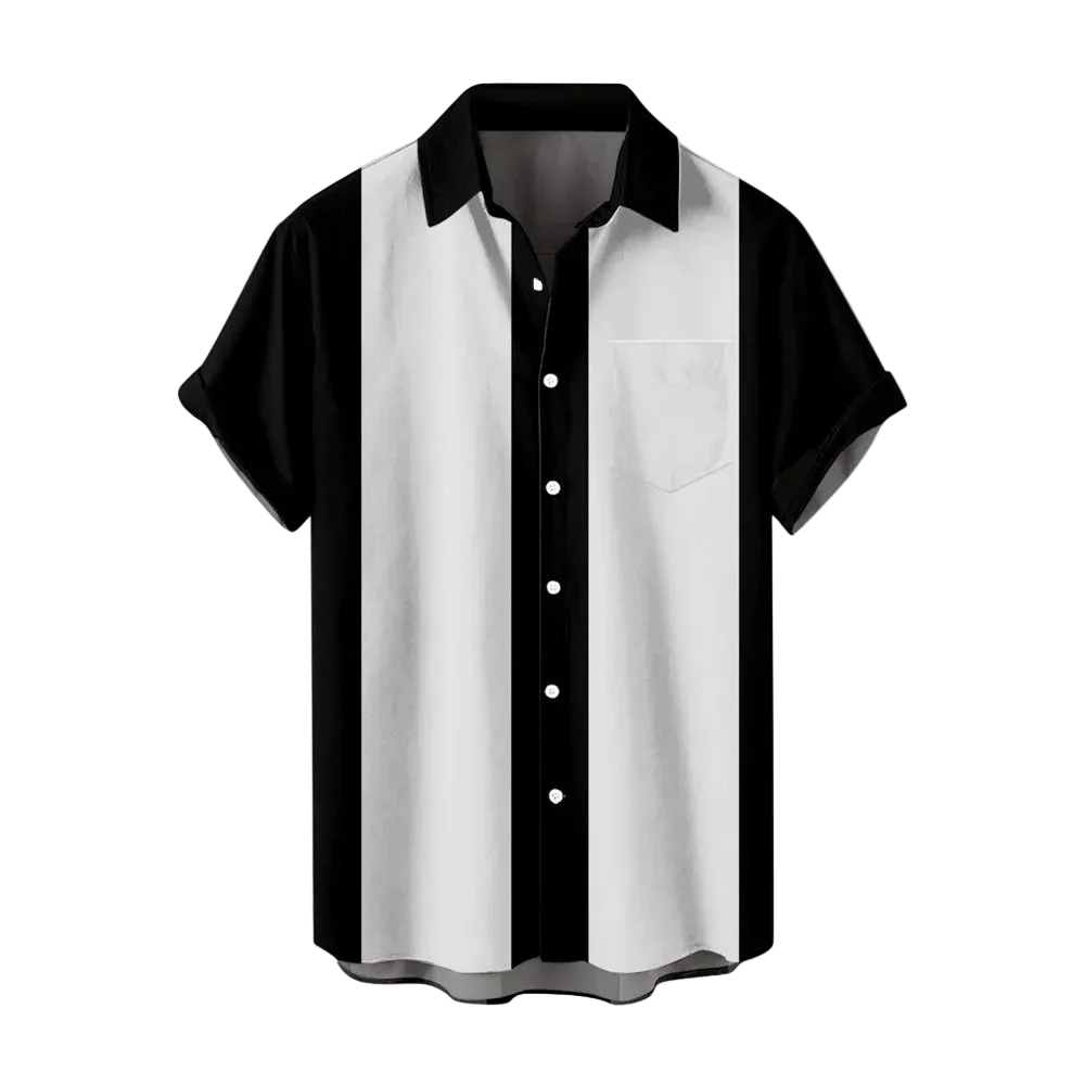 Black and white button-up shirt on a white background