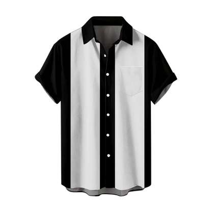 Black and white button-up shirt on a white background
