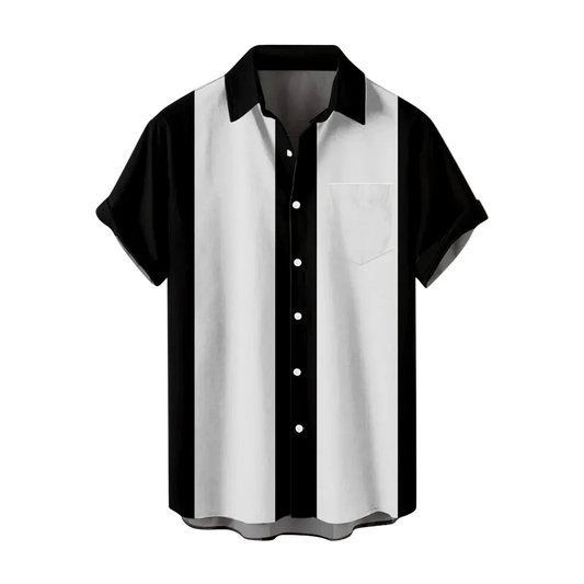 Black and white button-up shirt on a white background