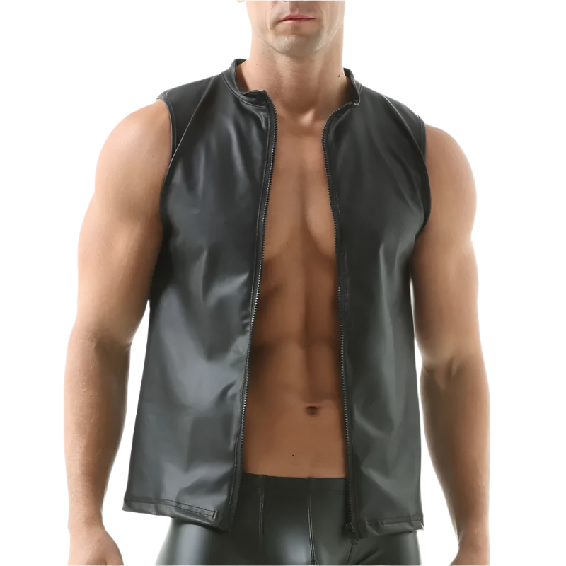 Man wearing a black leather vest on a white background