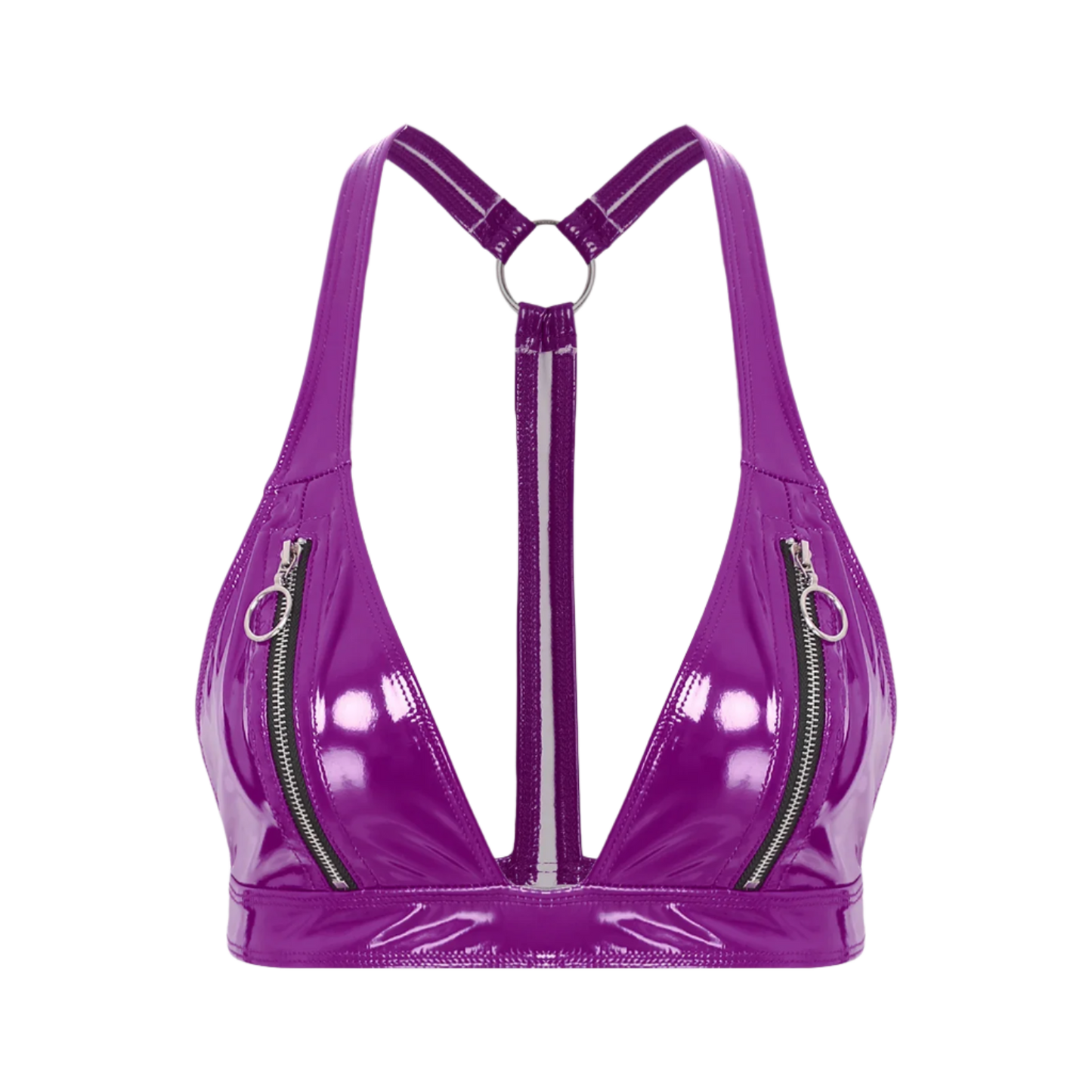 Purple vinyl sports bra with zippers on a white background