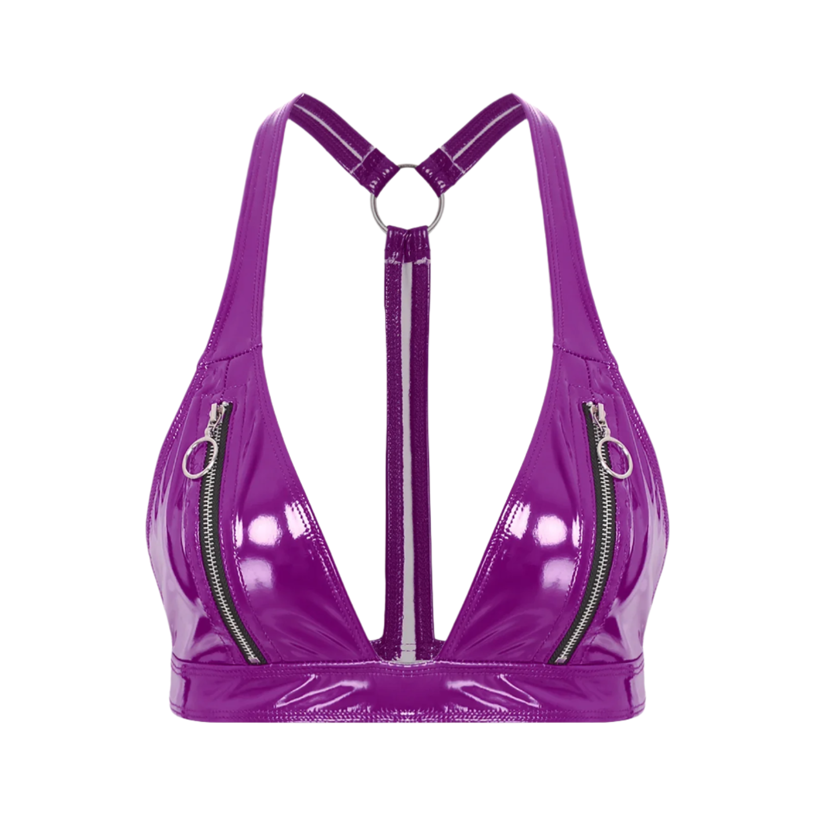 Purple vinyl sports bra with zippers on a white background